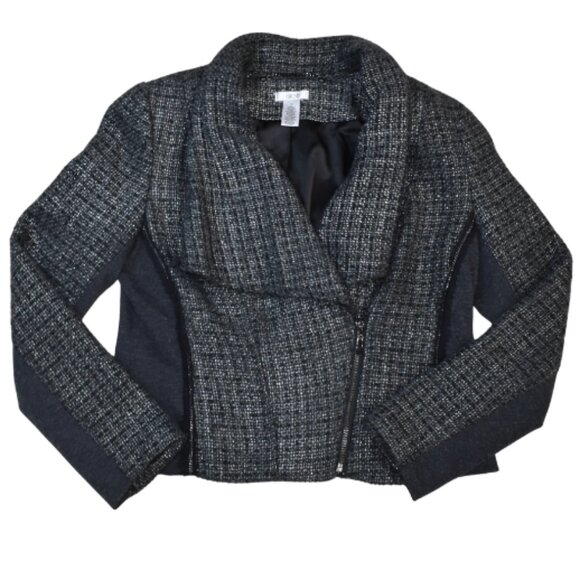 Cache Gray Tweed Wool Blend Biker Jacket Size 10 Asymmetrical Zip Moto Blazer - Picture 1 of 9
